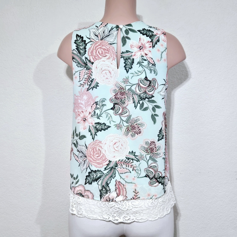 Chenault Sleeveless Blouse Tank Top Green Multicolor Floral Lace - Picture 4 of 7